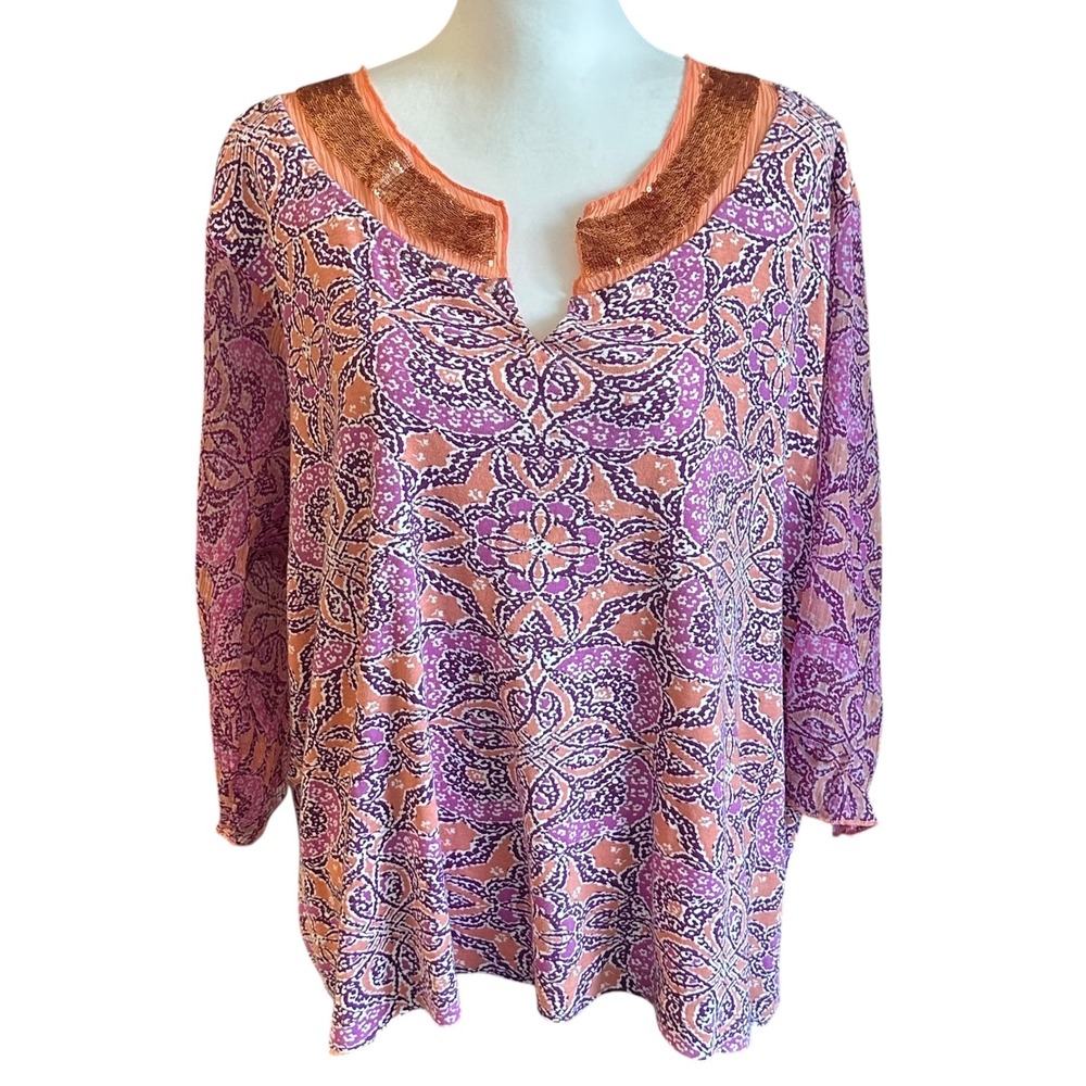 Caribbean Joe Woman Tunic Top 3X Orange Purple‎ Floral Print Sequin Neck